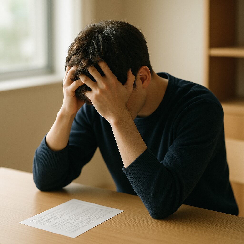 TOEIC300点台のスコア結果を見つめる社会人