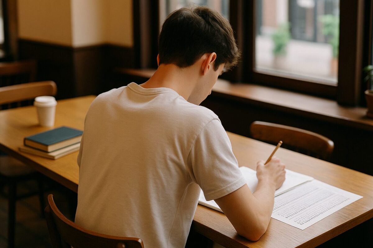 カフェで英語学習する社会人の勉強風景