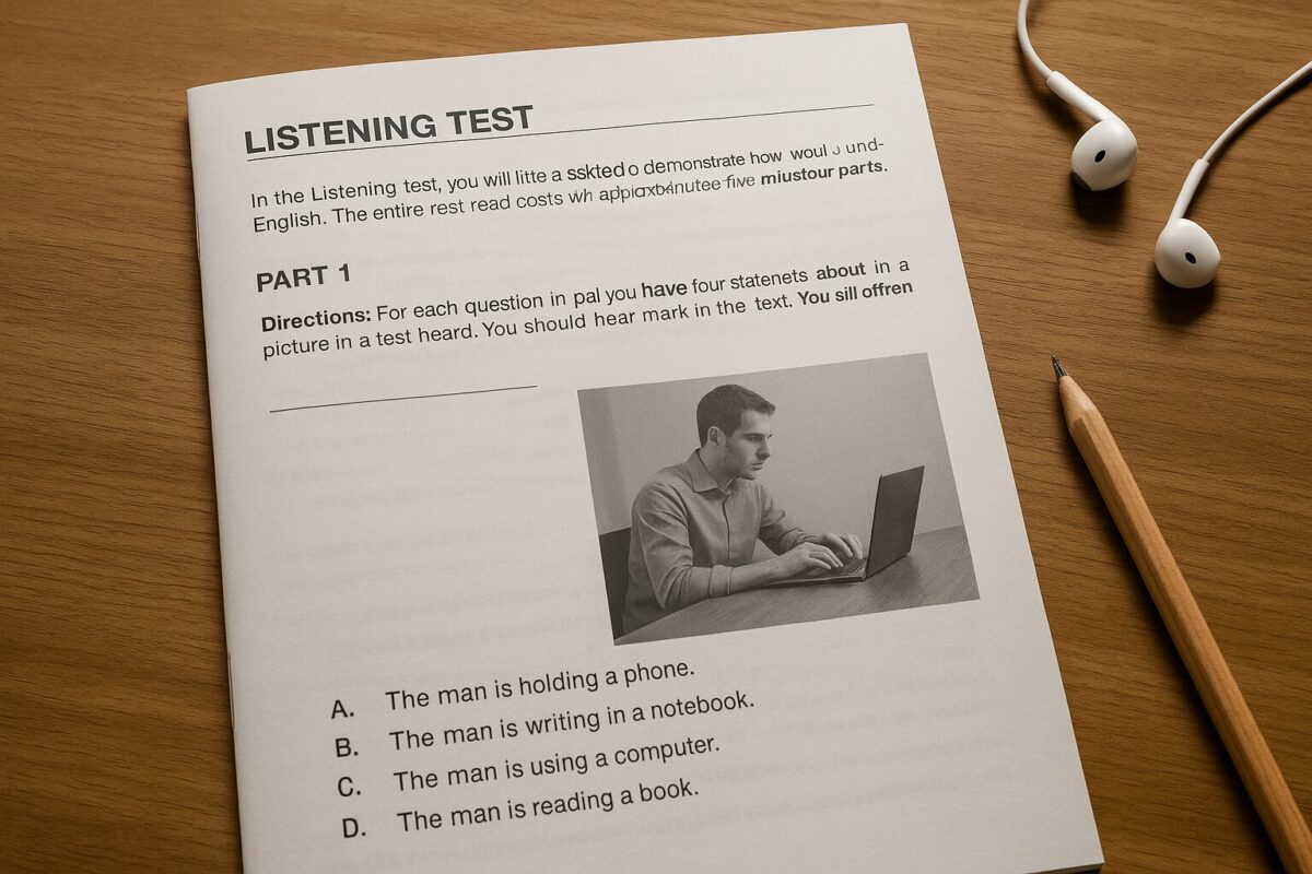 TOEIC official book study desk - TOEIC公式問題集を開く社会人のデスク。Morning light, wooden desk, study notebook, coffee mug.
