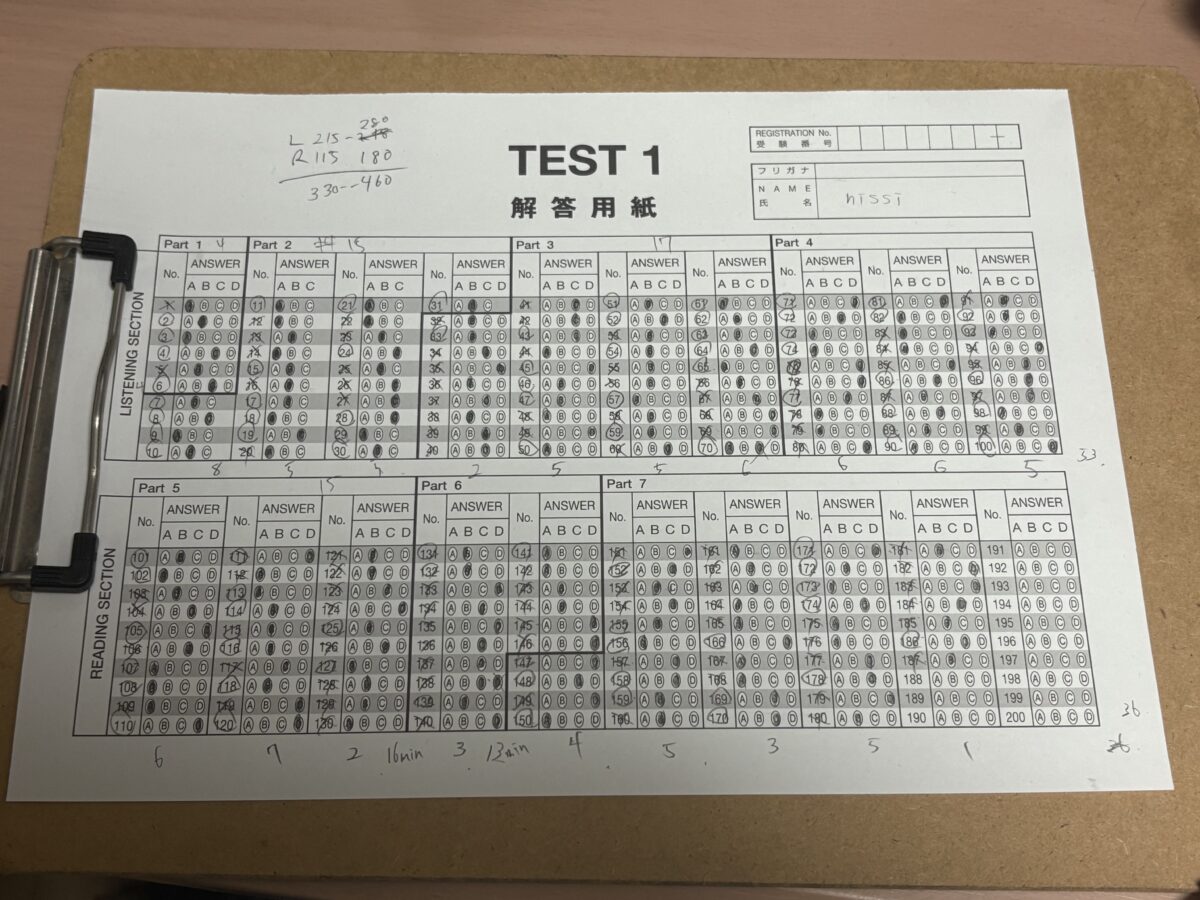 TOEIC初回330-460点の詳細データ記録・ChatGPT TOEIC勉強法用の正答数と時間メモ