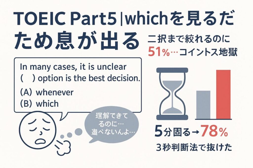 TOEIC Part5のwhich問題で二択まで絞れるのに正答率51%のイメージ