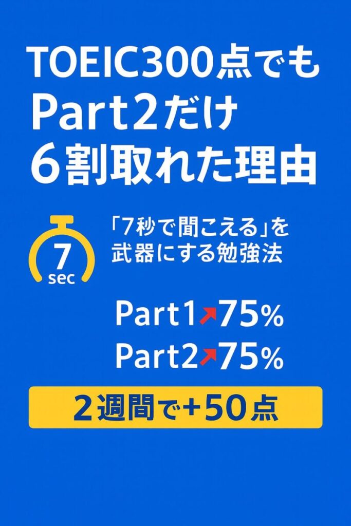TOEIC300点でもPart2だけ6割取れた理由を解説するアイキャッチ画像。7秒ルールと2週間で50点アップの実績を表示