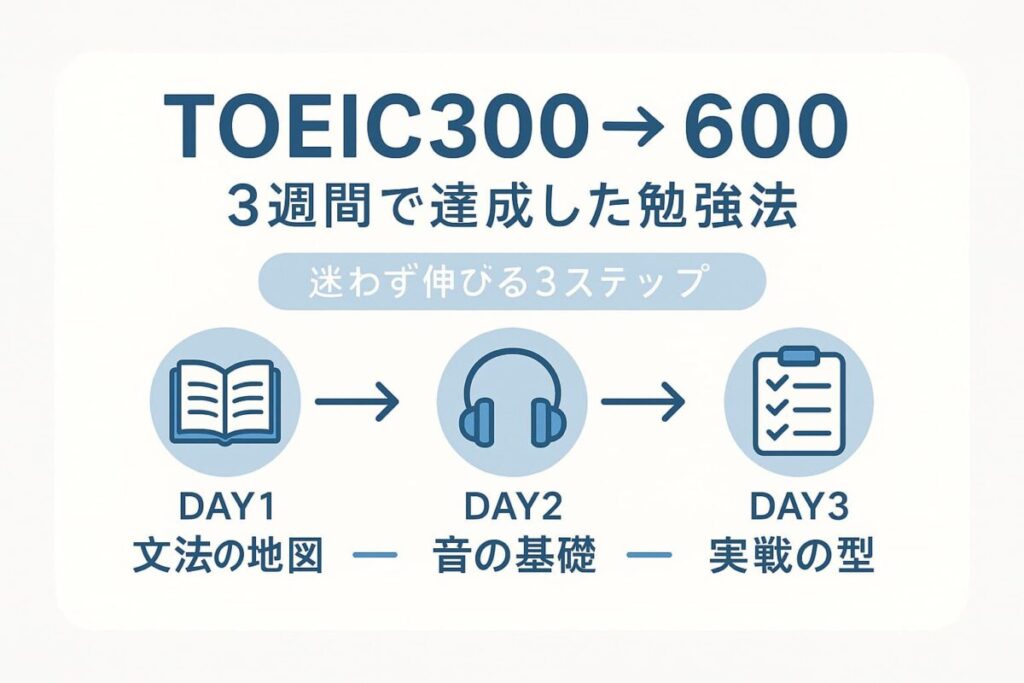 「TOEIC300点から600点を3週間で達成した勉強法を示す3ステップの学習ロードマップ。文法・リスニング基礎・実戦練習の流れをまとめたフラットデザインのアイキャッチ画像。