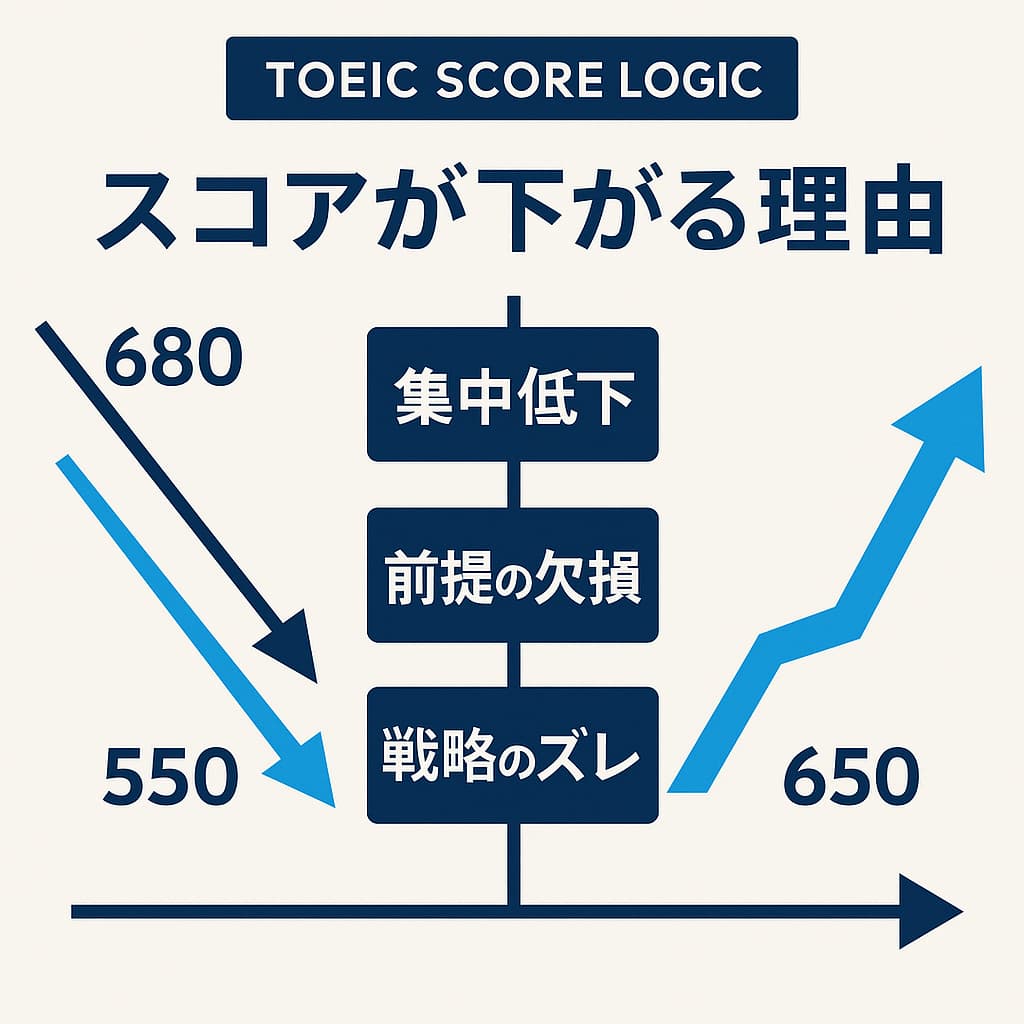 TOEICスコアが下がる理由を示す図解。680から550への下降ライン、550から650への回復ライン、集中低下・前提の欠損・戦略のズレの3要因を並べたインフォグラフィック。