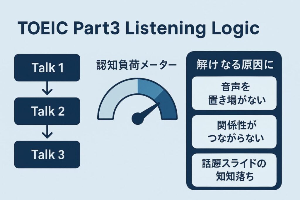 TOEIC Part3が聞き取れない理由を示す日本語インフォグラフィック。会話の流れ、認知負荷メーター、音声処理の弱点を整理している図。