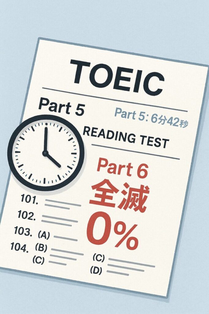 TOEICでPart5に時間を使いすぎてPart6が0％になった日の時間配分ミスを象徴するイメージ。670点を取った裏の落差を示す構図。