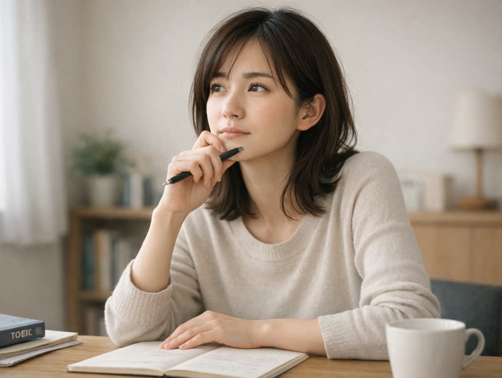 TOEICの問題を前に、ペンを持ったまま考え込んでいる人物。 二択まで絞れたが、決めきれずに思考が止まっている様子。