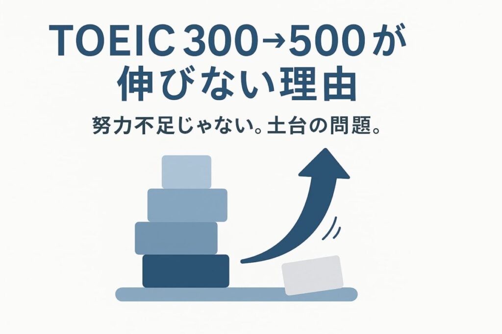 TOEIC300〜500点で伸び悩む原因を示す図解。文法の道筋・音の振る舞い・現在地の確認という3つの土台を並べたイラスト。