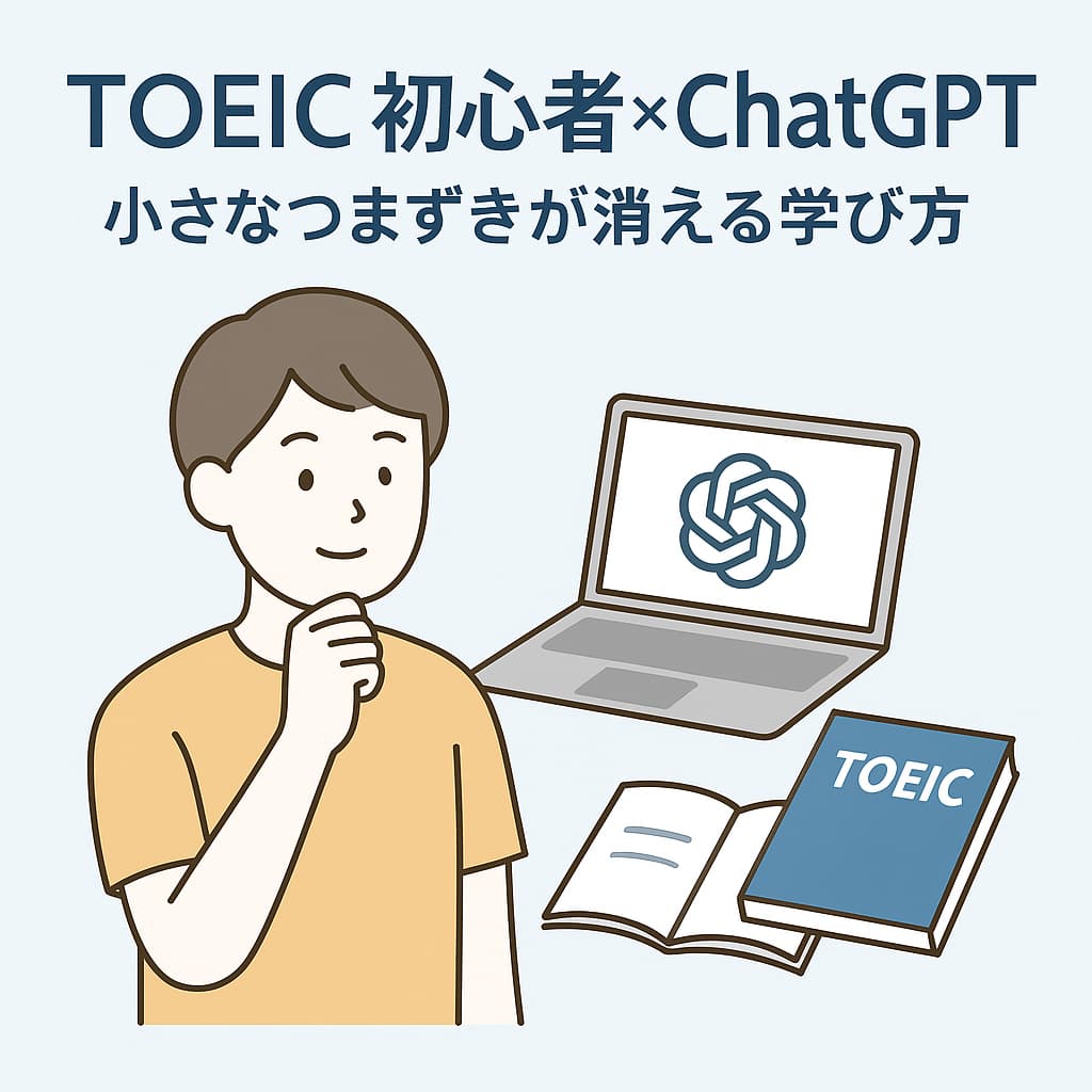 ChatGPTでTOEICの疑問を解消しながら勉強する様子を描いたイラスト。左に考える人物、右にPCとTOEIC教材が配置され、初心者向けの学習を表現している。