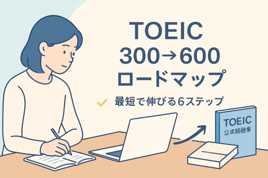 TOEIC300点から600点までのロードマップをノートパソコンで学ぶ人のイラスト