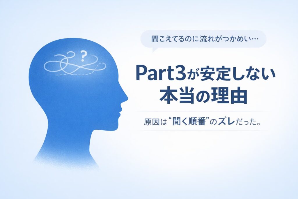 聞こえているのに流れがつかめず迷っている様子を表した青い人のシルエットと、記事タイトル『Part3が安定しない本当の理由』が並んだアイキャッチ画像
