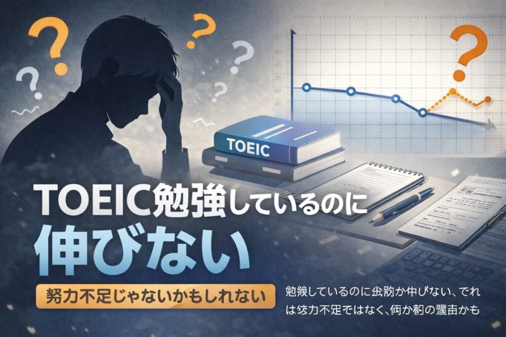 TOEICを勉強しているのに点数が伸びず、原因が分からず悩んでいる状態を表したイメージ