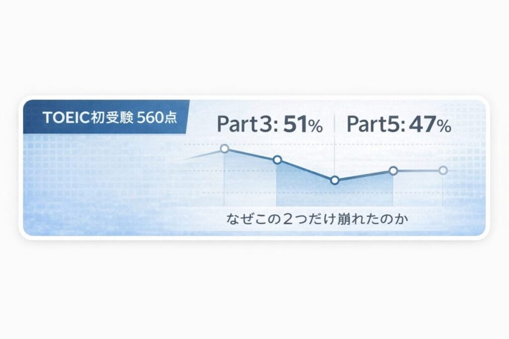 OEIC初受験560点のPart別正答率分析。Part3は51%、Part5は47%と低く、この2つが崩れた理由を示している。