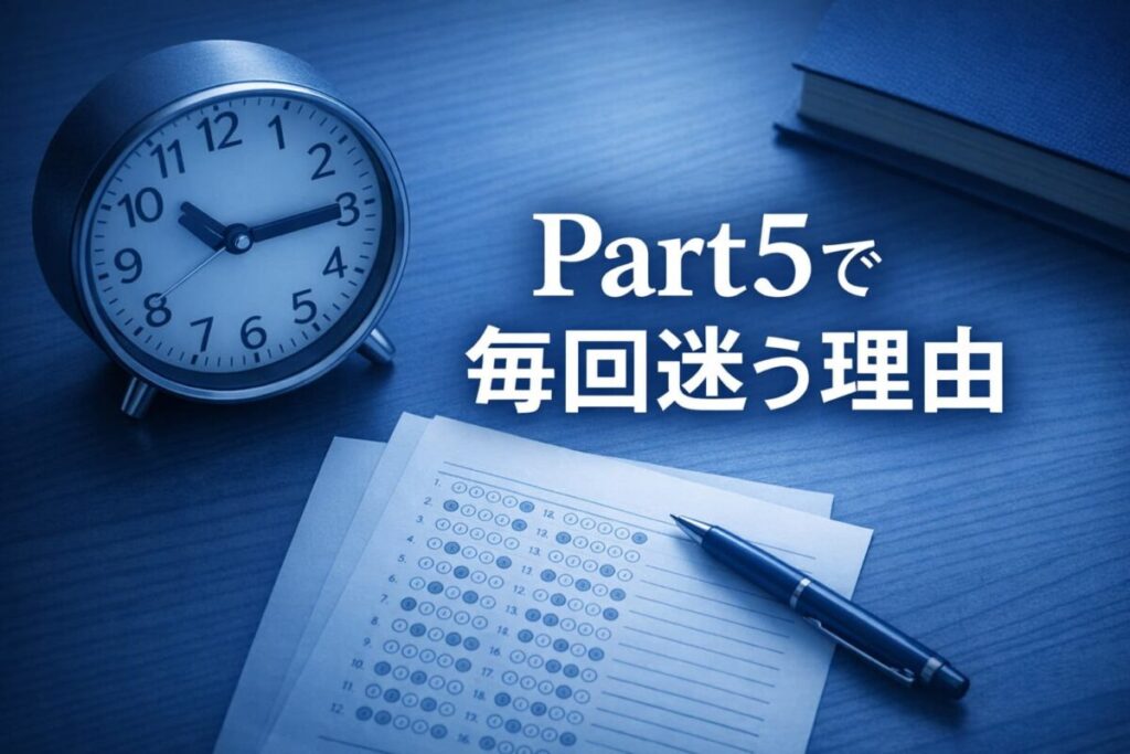 TOEIC Part5で品詞問題に迷い点数が伸びない原因を表した勉強机と時計のアイキャッチ画像