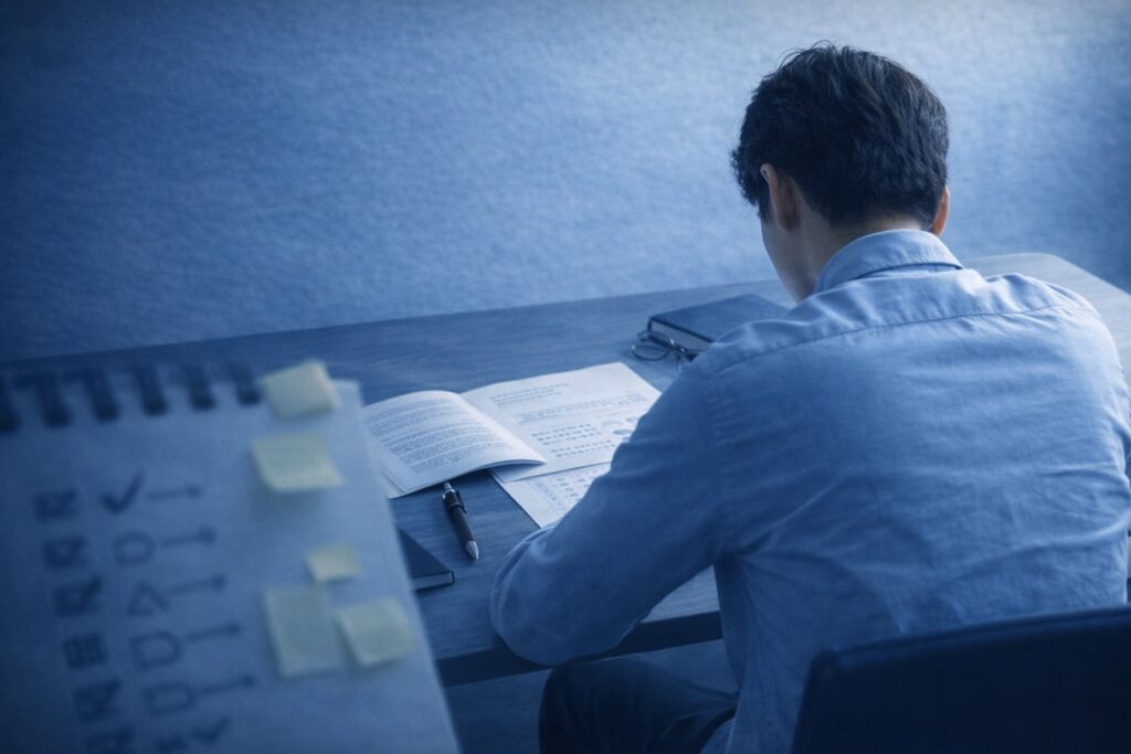 TOEIC初受験で560点を取得し、リスニング315点、リーディング215点というスコア内訳を遠くから勉強風景として捉えたアイキャッチ画像