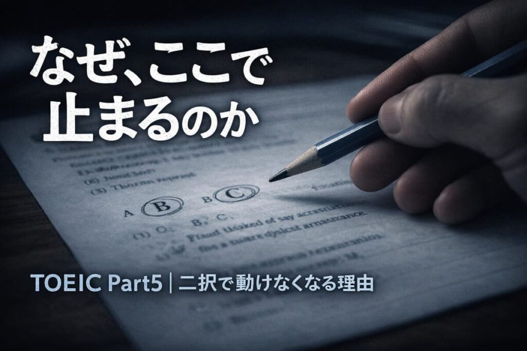 TOEIC Part5で二択に迷い、鉛筆が止まっている瞬間を写したアイキャッチ画像