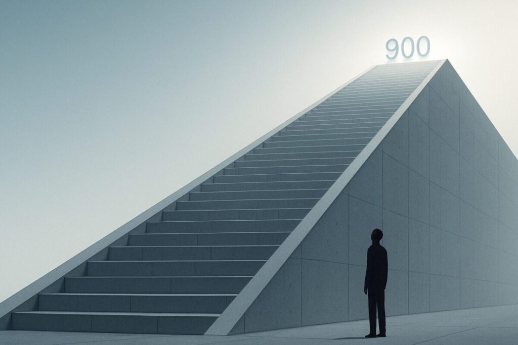 TOEICキクタン600から900へのレベル上げを急ぎすぎた判断ミスを、巨大な階段を見上げる学習者のシルエットで象徴したイラスト。