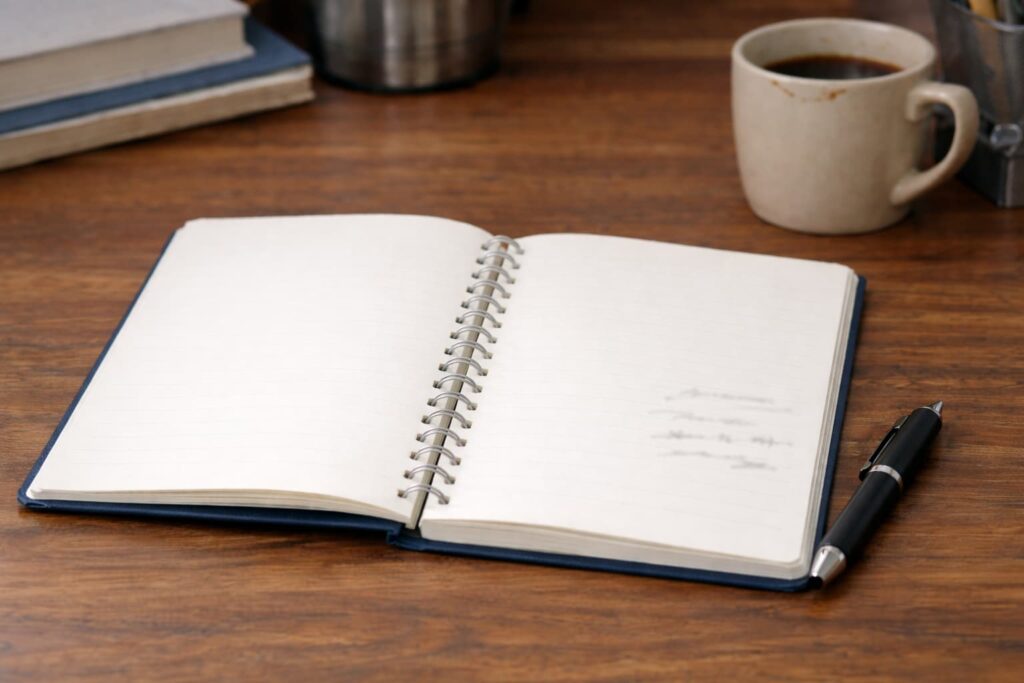 勉強しようとして開いたままのノートと、飲みかけのコーヒーが置かれた机の風景