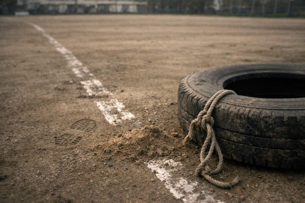 「夕方の校庭、かすれた白線のそばに泥で汚れたロープ付きタイヤが無造作に置かれ、靴跡と砂山が残っている」