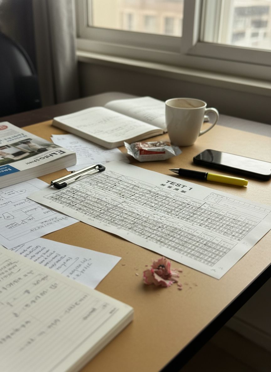 TOEIC模試を解いた後のデスク、マークシートとメモが散らばっている