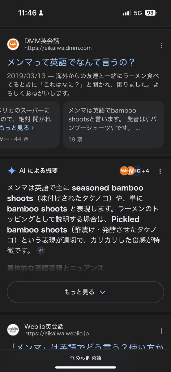 メンマは英語でbamboo shoots、スマホ検索画面