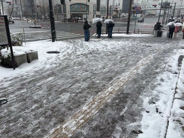 雪が積もった歩道で信号待ちをする人たち