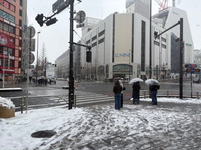 雪の降る交差点で信号を待つ人たち