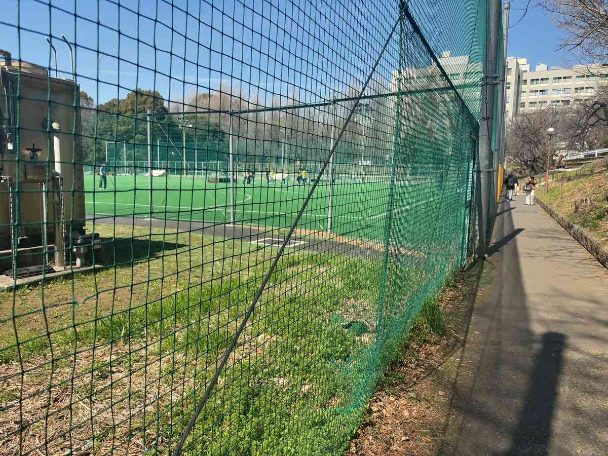 学校のラグビー場、緑のグラウンドとフェンス越しの風景